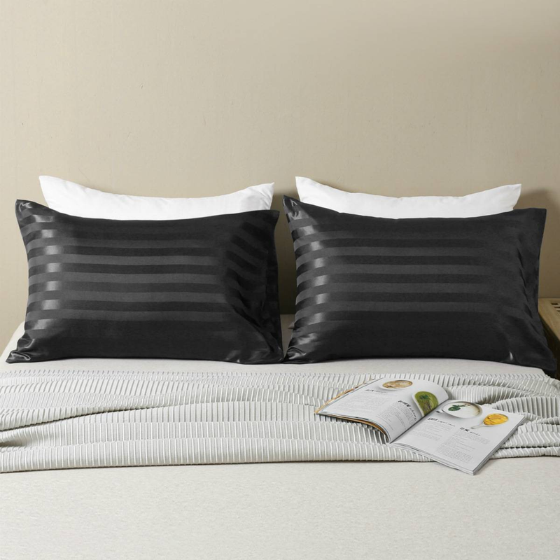 Satin Jacquard Pillowcase Set Luxury Envelope Closure Design With Striped Embroidery Breathable Hypoallergenic Bedding_voghion.com