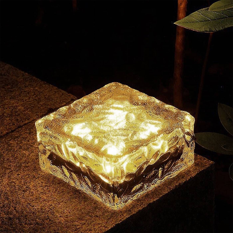 Solar Ice Brick Lights – Waterproof Outdoor Garden & Pathway Lighting (4 LED/1 LED, 10x10cm & 7x7cm, Multiple Colors, Glass/Acrylic Options)_voghion.com