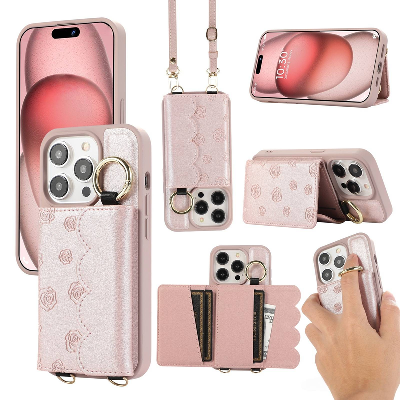 Custodia per telefono con slot per carte di credito e motivo a rosa per iPhone 15 Pro/14/13 - Custodia protettiva sottile in pelle PU con tracolla staccabile_voghion.com