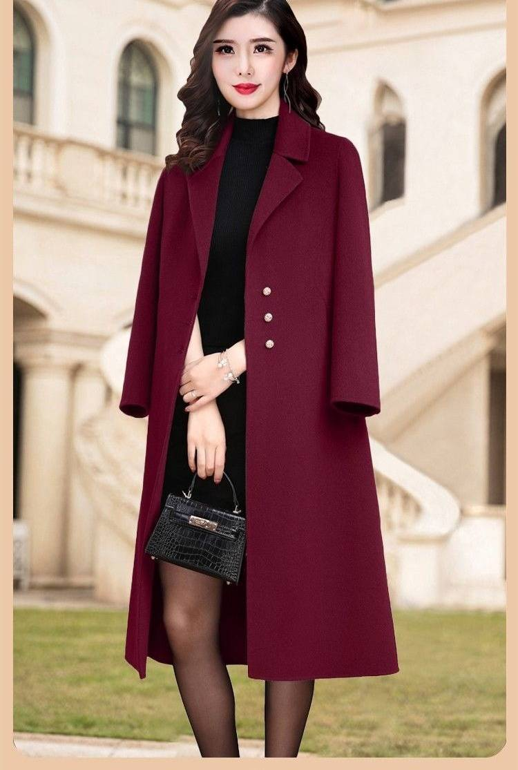 Knielanger Trenchcoat aus Wollmischung mit Gürtel für Damen – Eleganter, lässiger Büromantel in Unifarben (Khaki, Burgunderrot, Kaffeebraun, Karamell)_voghion.com