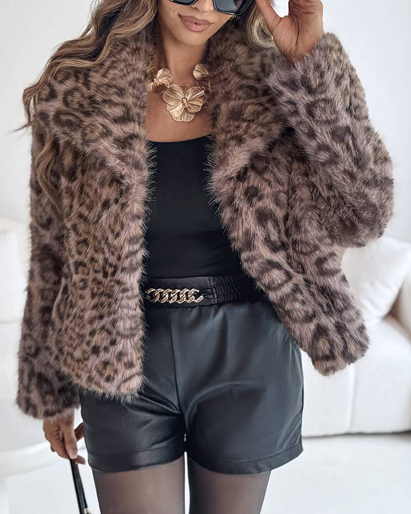 Mantel mit Kunstpelzkragen – Übergroße kurze Jacke mit Revers für Damen (Polyester, S-XL, Beige/Grau/Leopardenmuster, britisch inspirierter Büro-Chic)_voghion.com