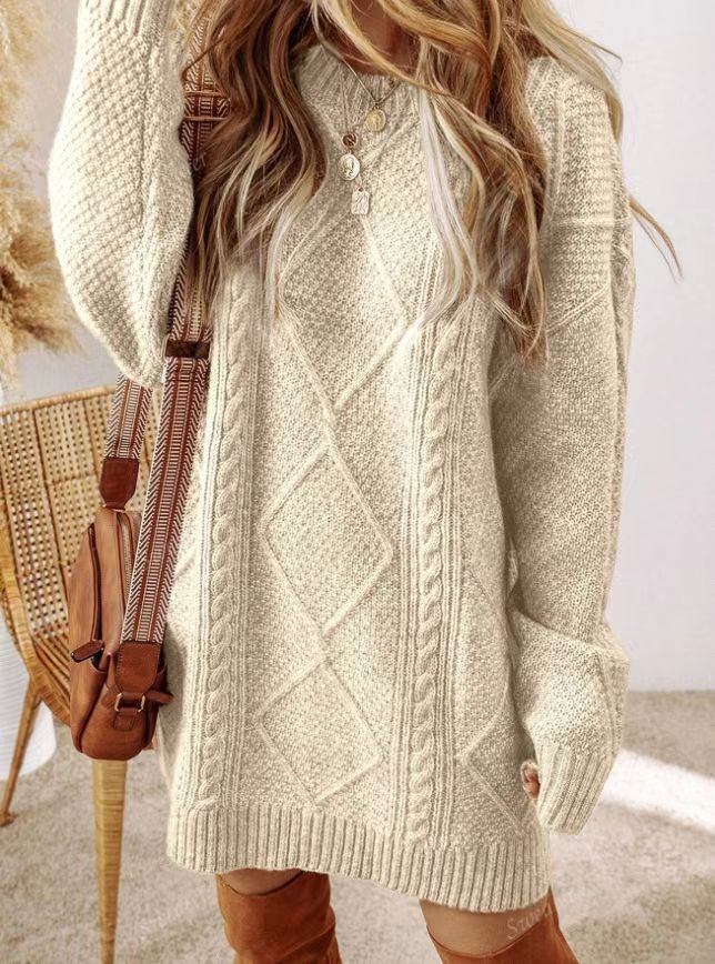 Oversized Knit Sweater Dress – Women's Long Sleeve Casual Tunic In Soft Polyester (Black/Army Green/Khaki/Caramel/White)_voghion.com
