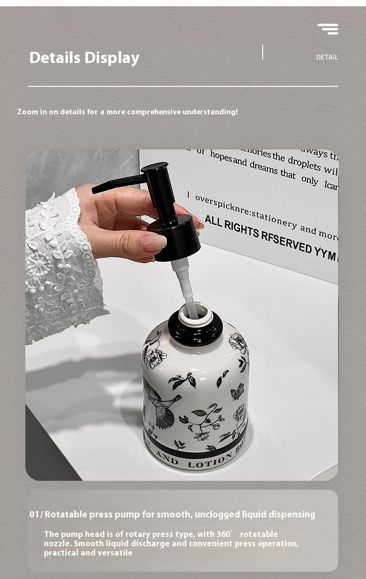 Dispenser per lozione in ceramica vintage - Design con uccellini floreali in bianco e nero (420 ml, finitura opaca, arredamento per hotel e casa)_voghion.com