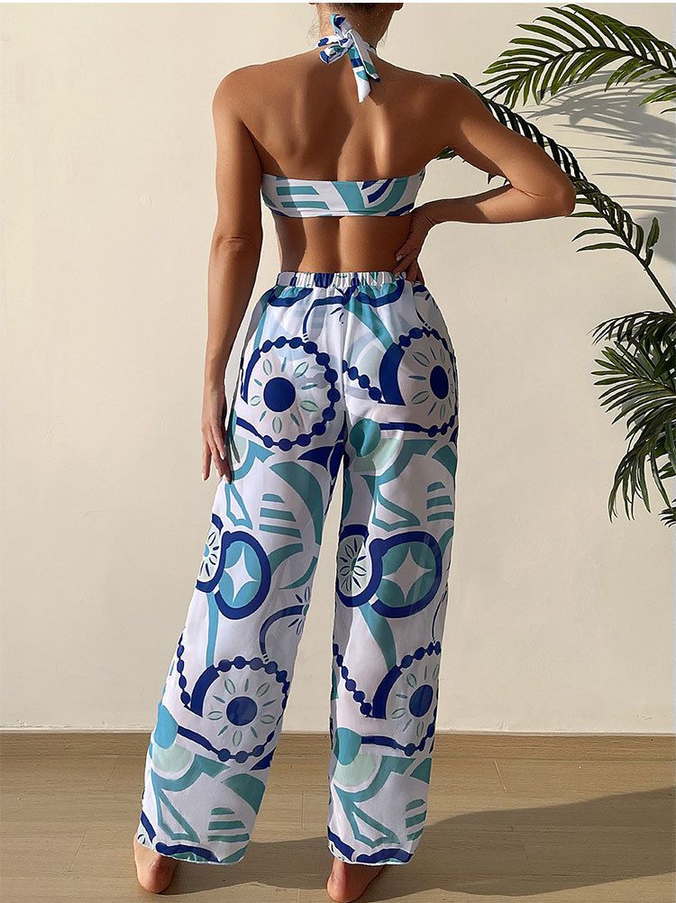 beach sexy printed halter neck three-piece set fashionable trousers swimsuit for women_voghion.com