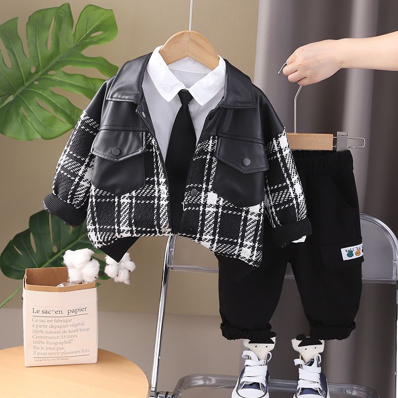 Men's Women's Children's 2024 Spring and Autumn Collection, Checkered Round Neck Hoodie Set, Baby Handsome 3-Piece Set_voghion.com