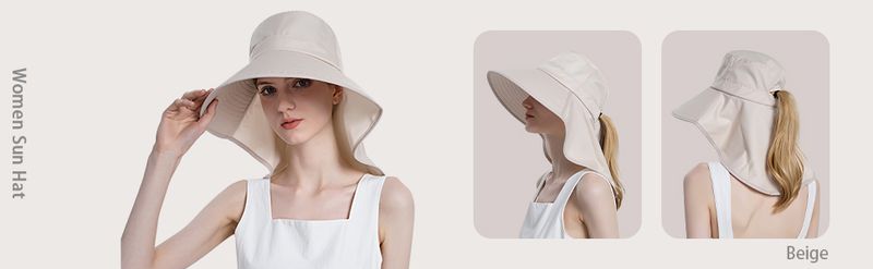 Ruqizhi zonnehoeden voor vrouwen met nekflap, paardenstaartgat, oprolbare zonnehoeden met UV-bescherming, vissershoeden met brede rand, UPF 50+_voghion.com