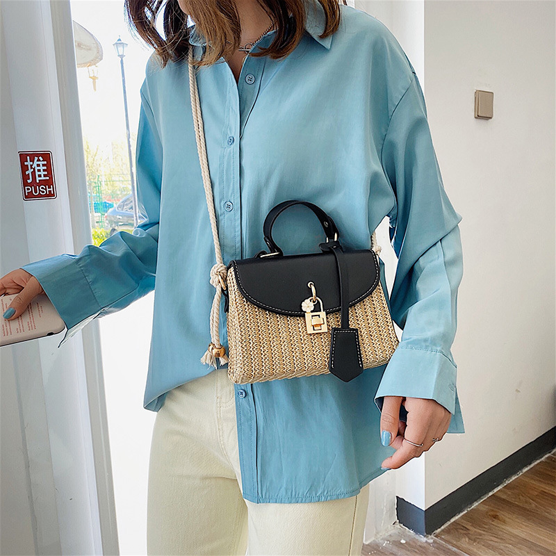 New Women's Bag Korean Fashion Lock Straw Bag Casual Handheld Small Square Bag Woman_voghion.com