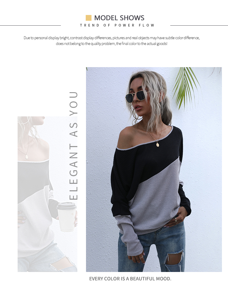 Color-blocked Long-sleeved Sweater Loose Off-shoulder One-line Collar Pullover_voghion.com