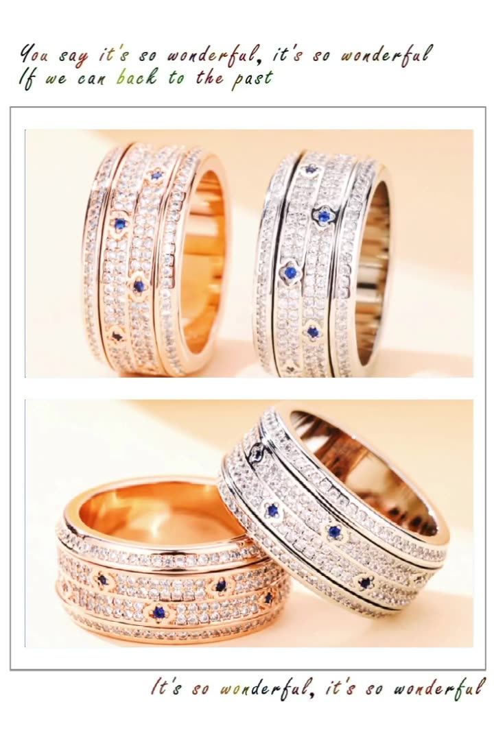 Classico anello girevole per coppia che corre nel tempo, con trifoglio e diamanti per uomo e donna, anello rotante con stella a cielo intero, stesso stile per uomo e donna_voghion.com