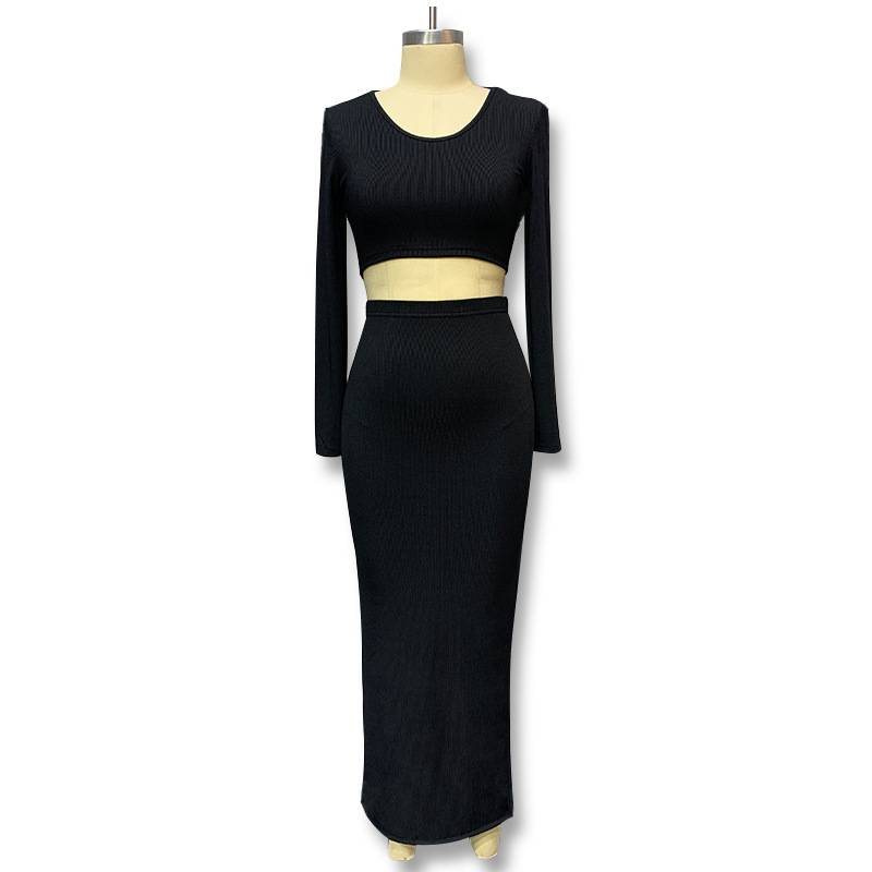 Vestito in maglia tinta unita autunno e inverno 2024 da donna europeo, set con gonna a maniche lunghe e maglietta, set due pezzi_voghion.com