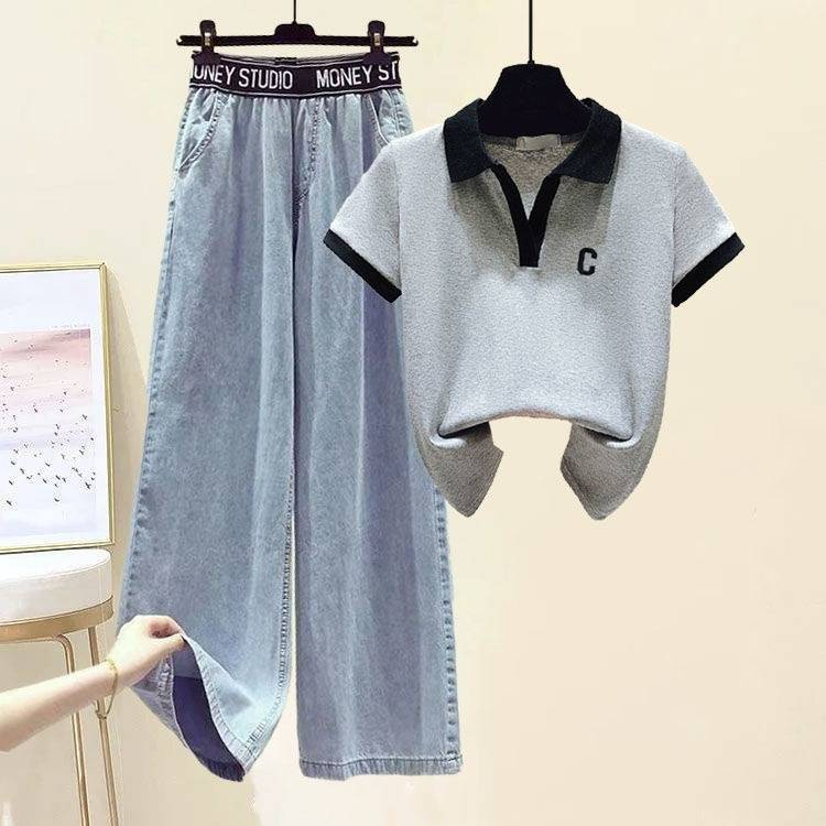 Damenbekleidung Revers Poloshirt Kurzarm T-Shirt Damen Sommer Neue lockere Hose mit hoher Taille und weitem Bein_voghion.com