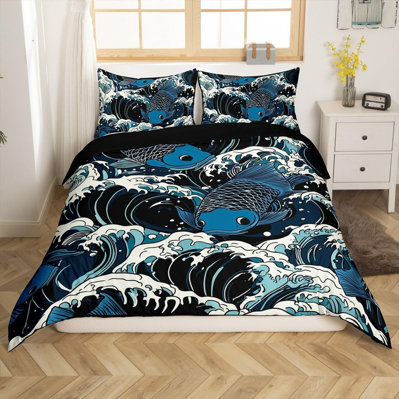 Japanisches Ukiyoe Bettbezug-Set, Kinderbettgröße, Erwachsene, Bettwäsche-Set im japanischen Stil, Sed Waves, Fischkarpfen-Print, Bettbezug mit Hokusai-Muster, Betten-Set_voghion.com
