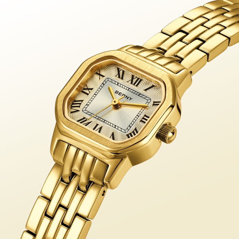 BERNY Gold Watches For Women Dainty Rectangular Case Roman Dial Small Vintage Bracelet Watch Stainless Steel Waterproof Analog Quartz Wrist Watch_voghion.com