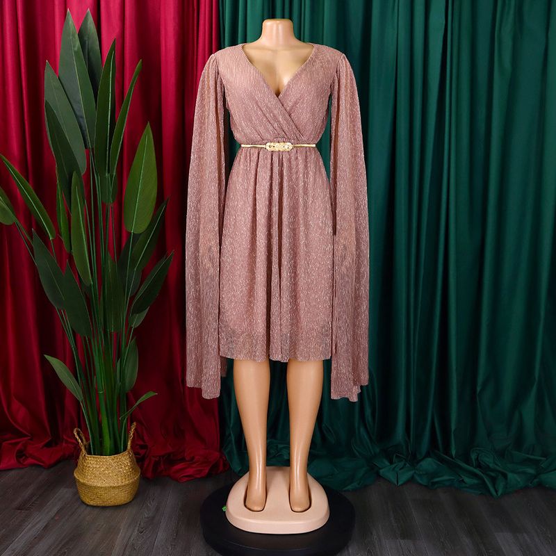 Damenbekleidung Neue V-Ausschnitt Temperament Langarm Cape Taille Kleid Rock_voghion.com
