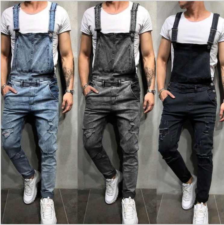 Erkek Giyim Moda Erkek Askılı Tulum Yıpranmış Erkek Dış Ticaret Kot Pantolon Tulum_voghion.com