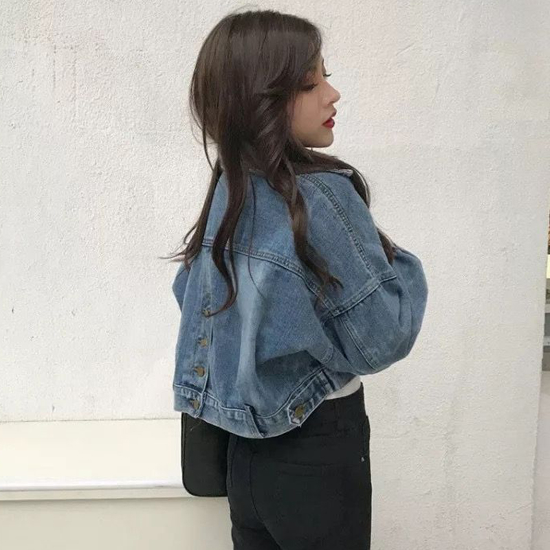 Xpqbb Chaqueta vaquera recortada para mujer, moda coreana, chaqueta bomber con botones divididos en la espalda, chaqueta vaquera de manga larga con solapa para mujer_voghion.com