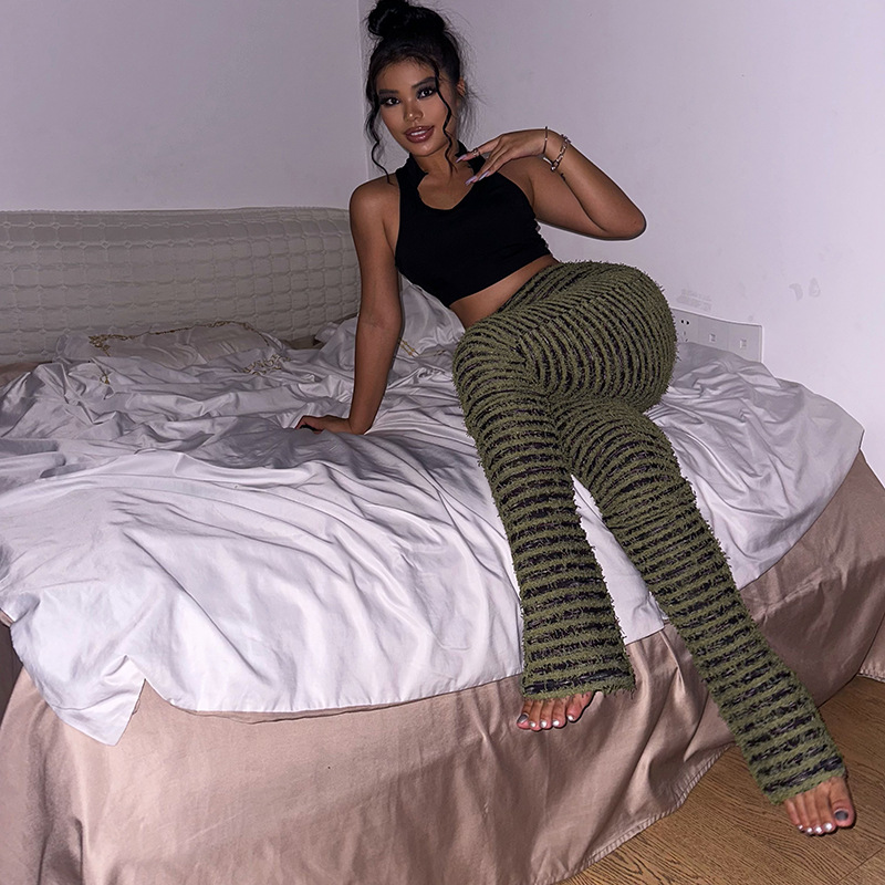 Dameskleding Gebreide Gestreepte Sexy Slanke Broek Kinder Lente Mode Hoge Taille Heup Lifting Hot Girl Casual Broek_voghion.com