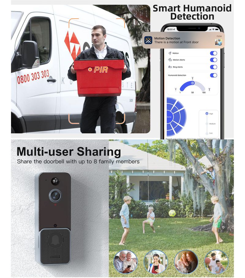 Visuelle Türklingel mit geringem Stromverbrauch und drahtloser WIFI-Nachtsicht, hochauflösende intelligente Cloud-Speicherung V5_voghion.com