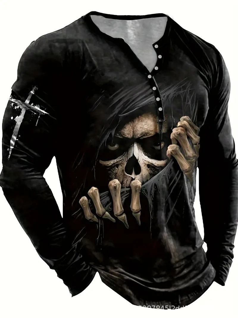 Unbeatable Quality Summer Digital Printed Youth Henley Shirt 7-Button Men's Casual Long Sleeve_voghion.com