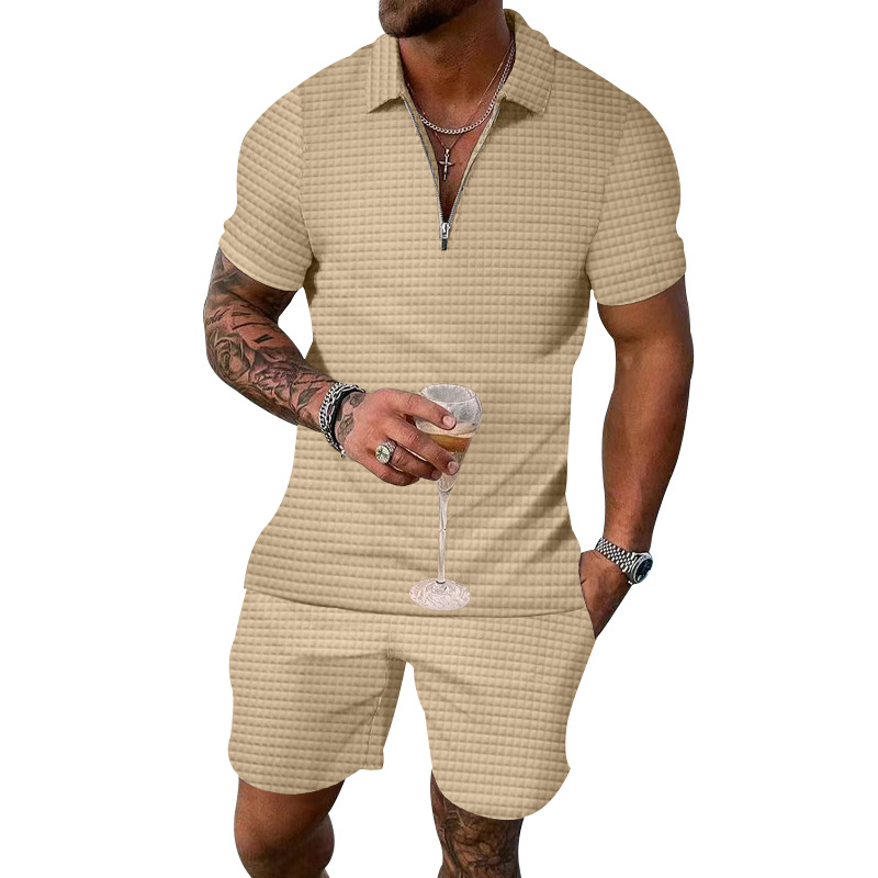 Unbeatable Quality 2025 Men's Short Sleeved Shorts Summer Small Square Casual Loose Half Zip Collar Set For Men_voghion.com