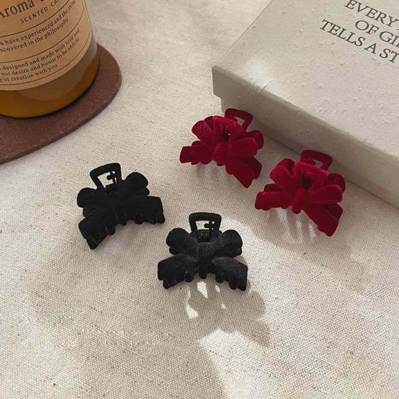 Kleine Schleife ~ Herbst und Winter Beflockung kleiner Clip Netz rot gebrochenes Haar Pony Haarnadel weiblicher Clip Kopfschmuck_voghion.com