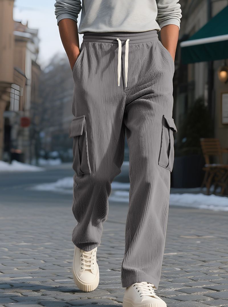 Herrenbekleidung Herren Cord-Arbeitshose – Vintage-Freizeithose mit weitem Bein und praktischen Taschen_voghion.com