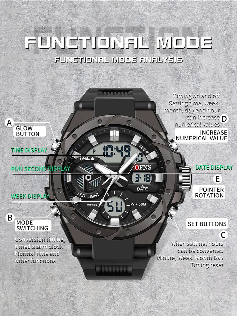 Men's Digital Sports Watch With Alarm, Night Light, Stopwatch, Waterproof 50M, Dual Display (Analog + Digital), Durable TPU Strap, Zinc Alloy Case_voghion.com