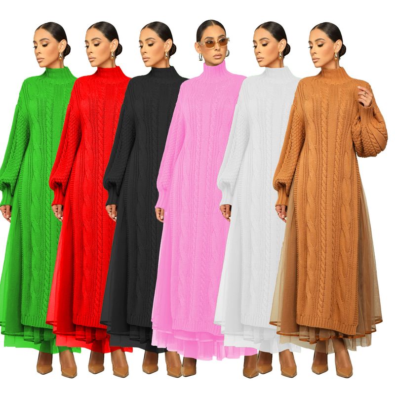 Completo da donna in maglia a strati - Pullover a maniche lunghe con collo alto e vestibilità ampia (bianco/nero/rosso/verde/marrone chiaro/rosa)_voghion.com