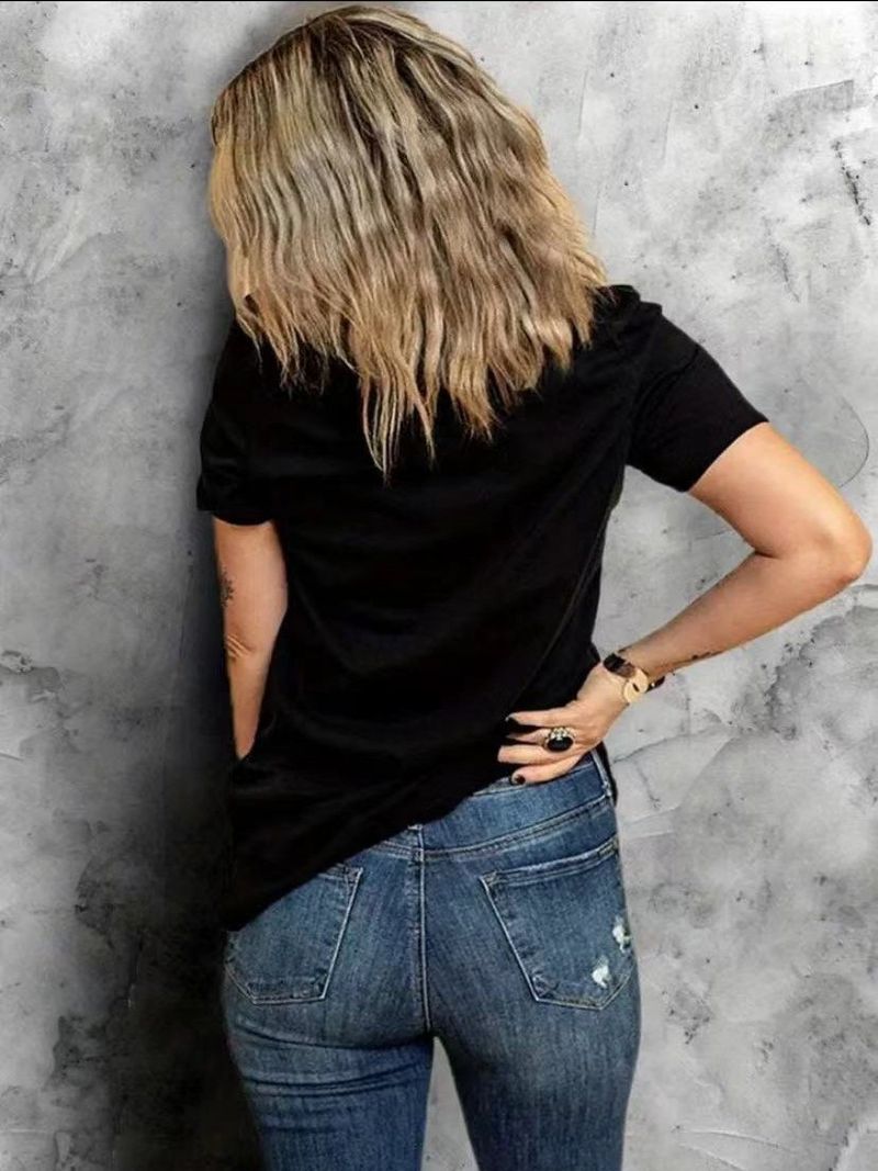 T-shirt da donna a maniche corte con scollo rotondo e stampa primaverile/estiva 2024_voghion.com
