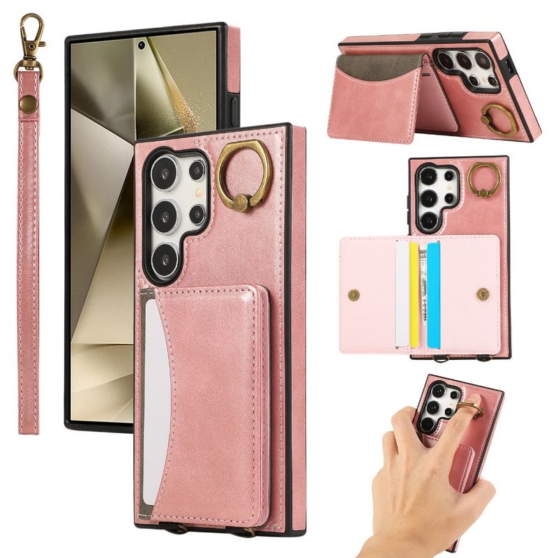 Pung med kortholder og håndledsrem til mobiltelefon, etui til Galaxy S25 S24 S22 Ultra Plus S23 FE A16 A06 A15 A35 A55, ringformet lædercover_voghion.com