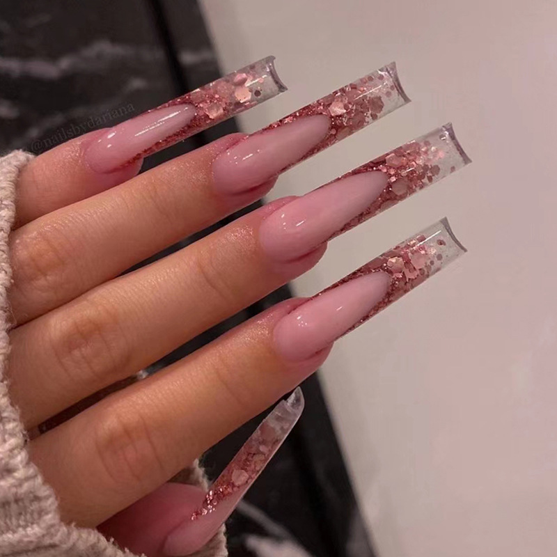 Simple 24Pcs Ballet Fake Nail Tips With Glue Long Coffin French False N Artifical Wearable Press On N Finished_voghion.com