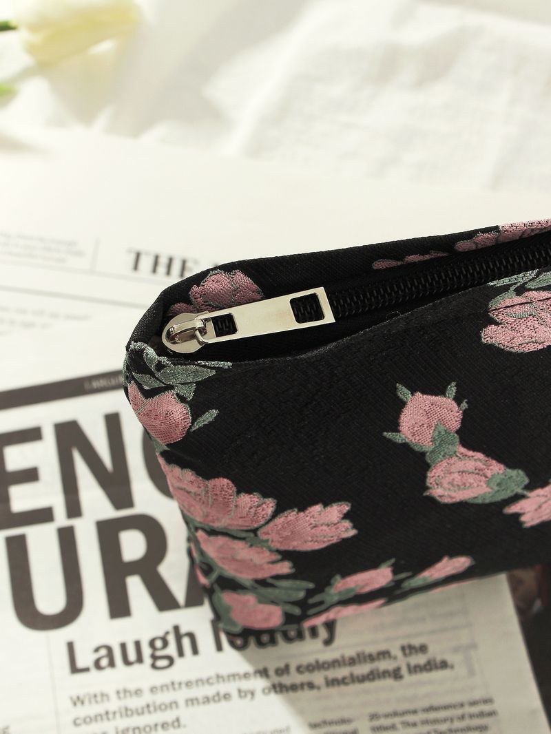 Dark Red Flower Cosmetic Bag Niche Portable High Value Wash Bag Storage Bag Zipper Bag Large Capacity_voghion.com