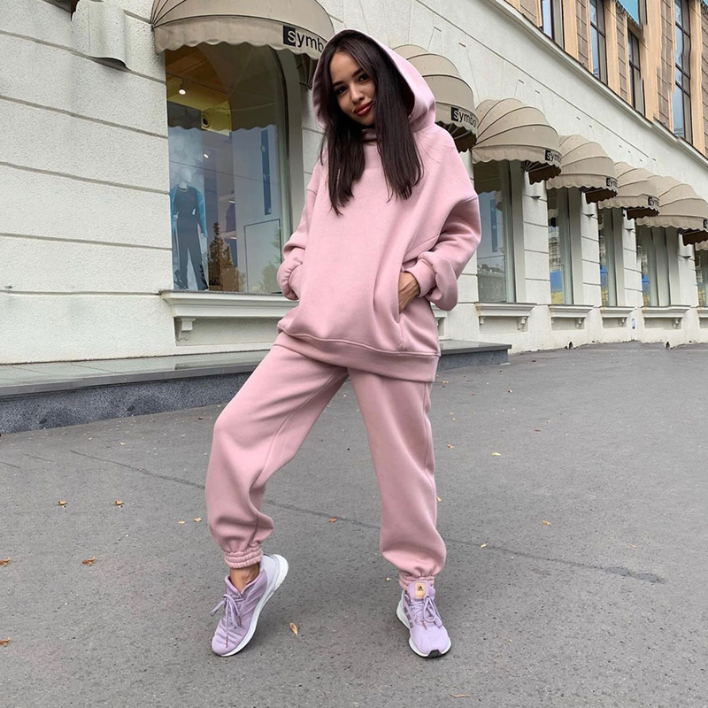 European and American autumn and winter new fashion solid color hooded sweatshirt casual two-piece set_voghion.com