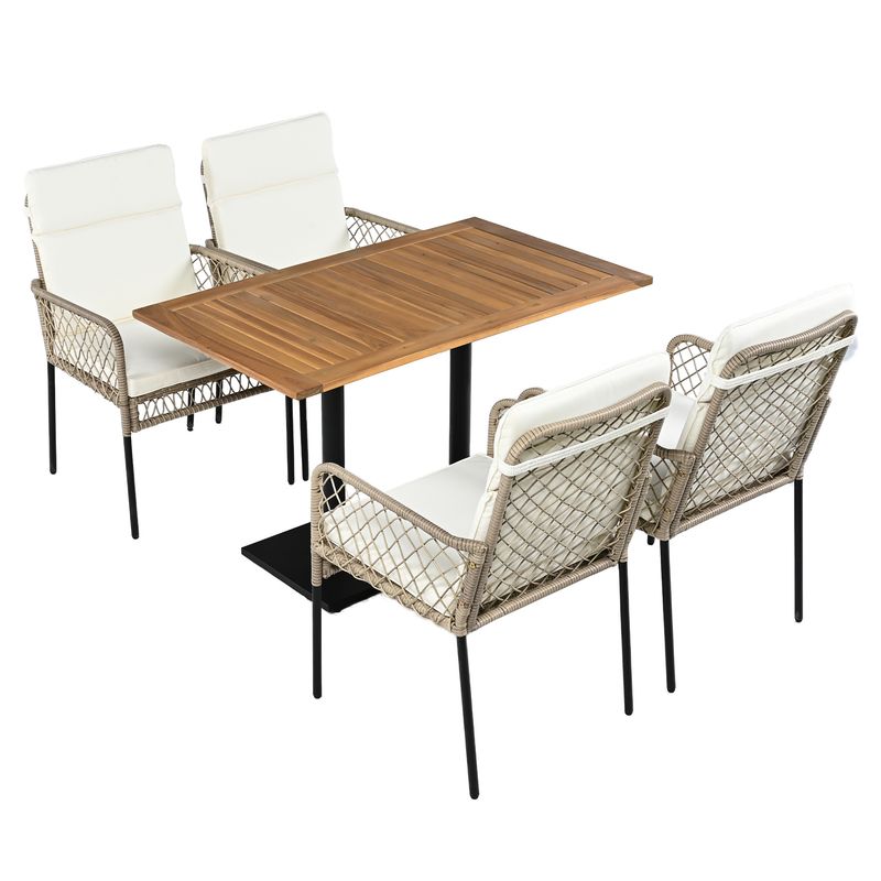 Ensemble de salle à manger d'extérieur 5 pièces pour 4 personnes, table en acacia massif, chaises en rotin synthétique, pour jardin et terrasse_voghion.com