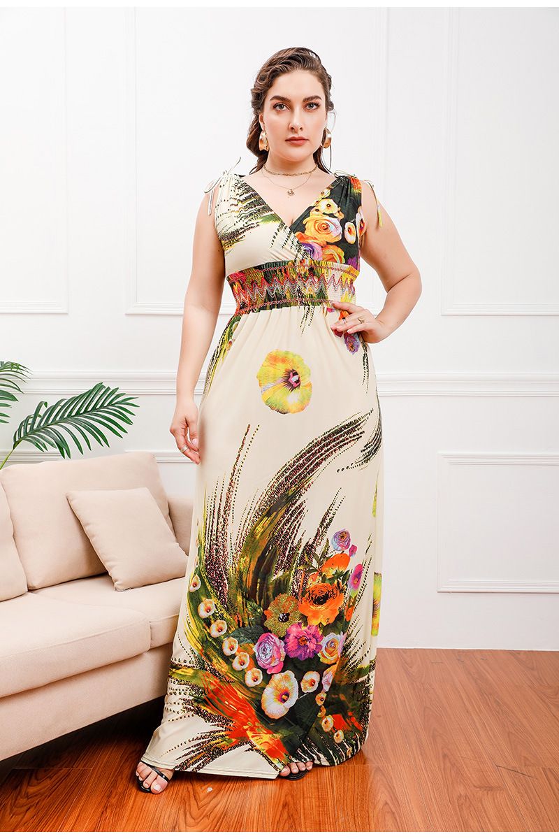Vestido de seda de hielo con estampado de talla grande para mujer, vestido largo bohemio con escote en V y tallas grandes_voghion.com