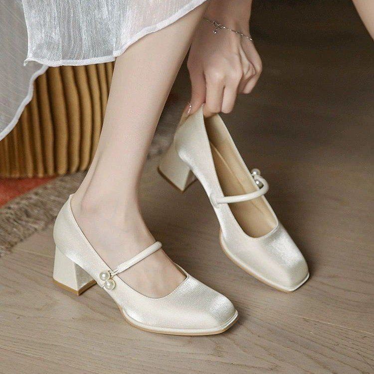 Scarpe singole Mary Jane in raso francese da donna, non affaticano i piedi, scarpe bianche con abiti da sposa, tacchi alti delicati_voghion.com