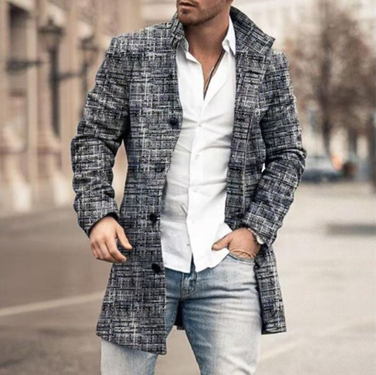 Veste longue décontractée à col rabattu pour homme, en laine imprimée CT 2025, collection automne-hiver_voghion.com