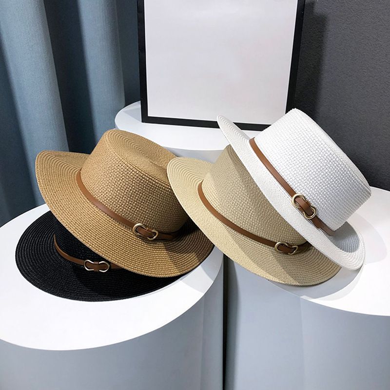 Französischer Strohhut für Damen, Sonnenschutz, Sommergras, gestrickt, flache Kante, für den Urlaub, Strand, Sonnenschutz_voghion.com