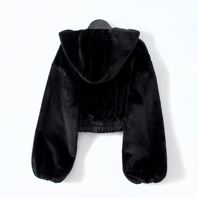 Abbigliamento da donna, giacca con cappuccio in pelliccia testurizzata a vita alta, stile street, di grande nome_voghion.com