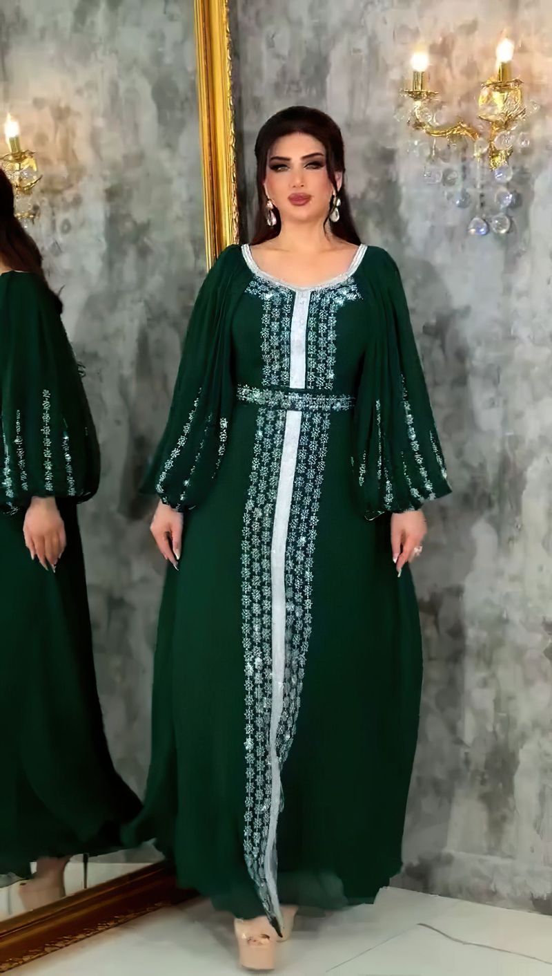 Abbigliamento da donna, abito lungo in chiffon con maniche a sbuffo, stile etnico mediorientale, con cintura e diamanti caldi_voghion.com