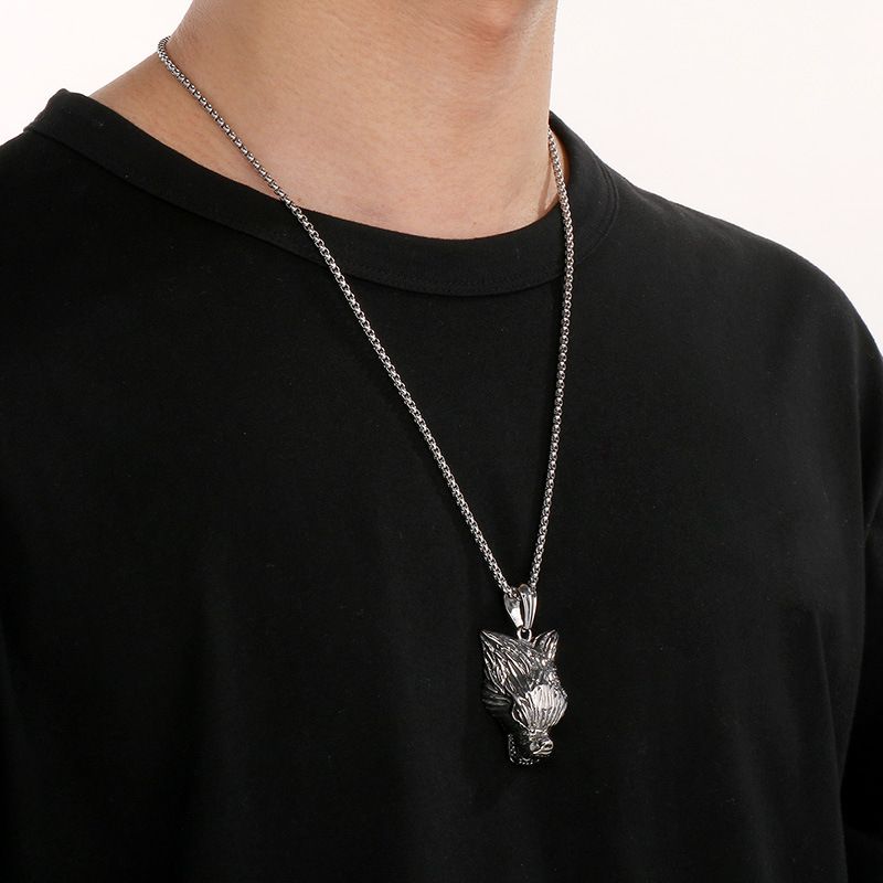 Collana antica a forma di animale da uomo, stile punk, con ciondolo a forma di testa di leone, testa di lupo, volpe, acciaio al titanio_voghion.com