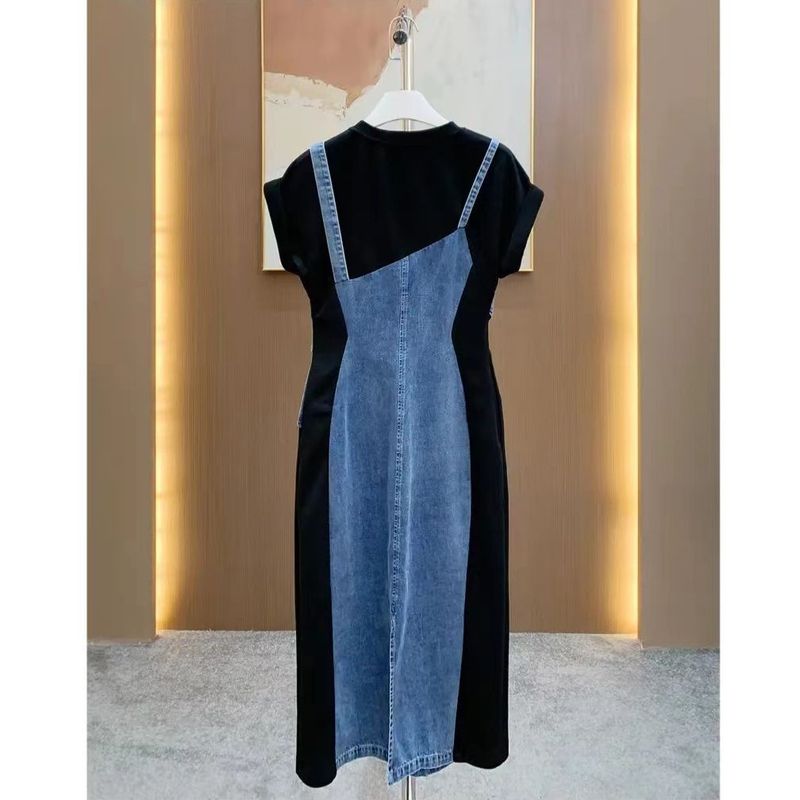 Gonna lunga in denim con cuciture a contrasto, colore doppio strato, due pezzi, bretelle, temperamento, vita, abito per donna_voghion.com