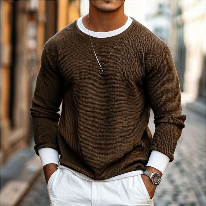 Herrenbekleidung Neue Herren Waffel T-Shirt Tops Langarmshirt Einfarbig Rundhals Street Holiday Langarmmode_voghion.com