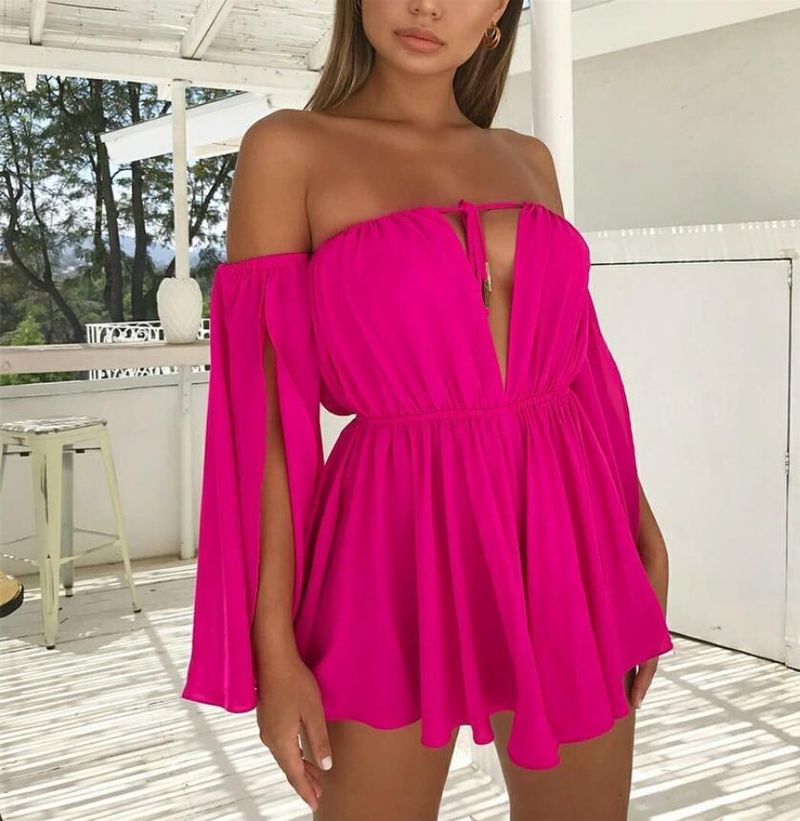 Abito da spiaggia casual in chiffon a vita alta con spalline annodate e spalle scoperte, nuovo ed estivo, per donna, comodo e sinonimo di abito_voghion.com