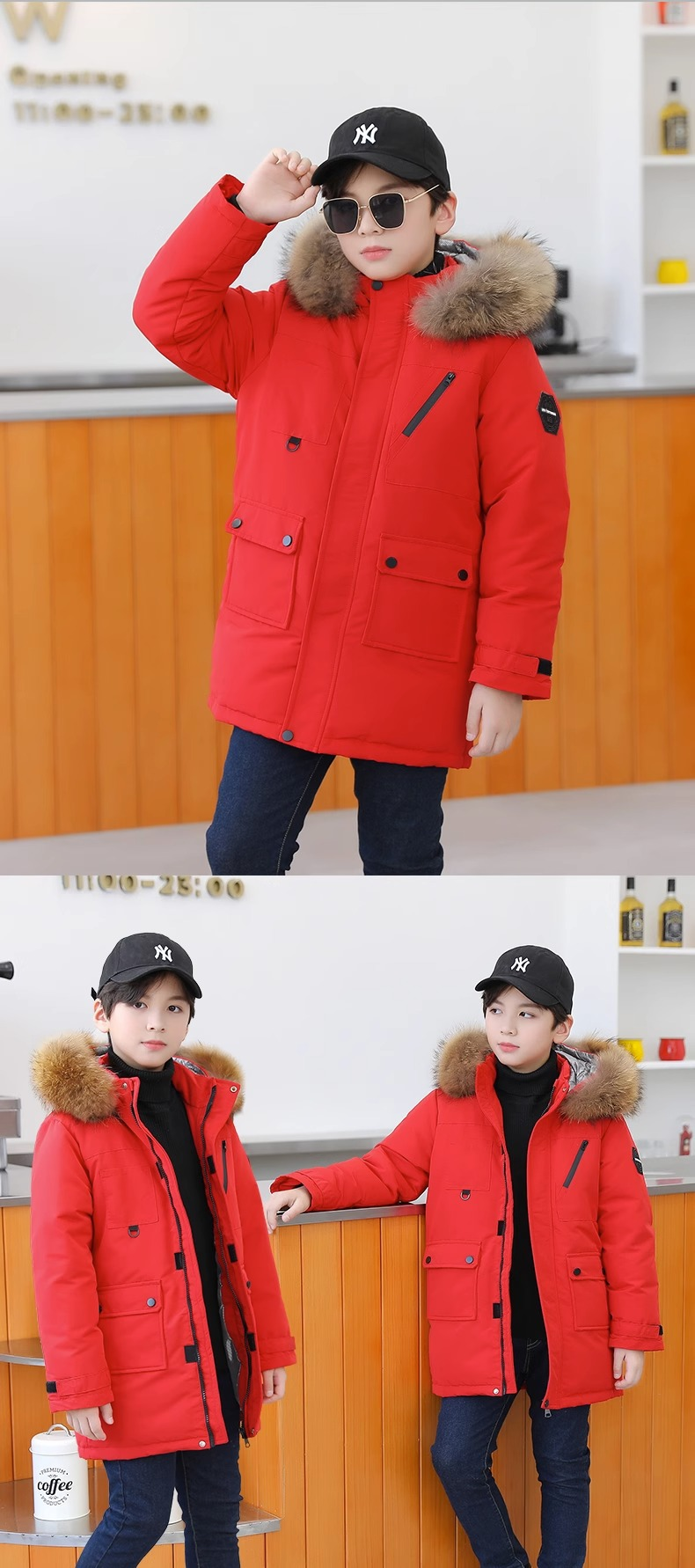 Cappotto imbottito per bambini e ragazzi, soprabito, cappotto in autunno e inverno, cappotto imbottito per bambini con cappuccio, ampio colletto di lana, cappotto imbottito_voghion.com