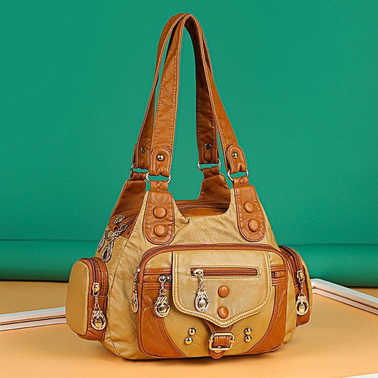 Borsa da donna in pelle lavata di alta qualità, borsa tote in morbida pelle con rivetti retrò, borsa a tracolla multitasche di grande capacità_voghion.com