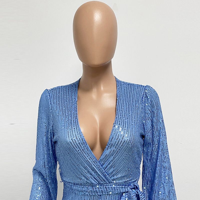 Damkläder Ins Style Deep V Mode Casual Jumpsuit Långärmat Bälte Paljett Jumpsuit Dam_voghion.com