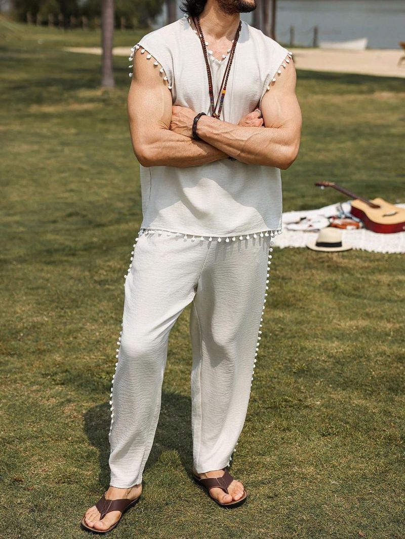 Herrenbekleidung Herren Einfarbig Pelz Ball Dekoration Ärmellose Weste Hosen Anzug INS Meistverkaufte Einfarbig Casual_voghion.com