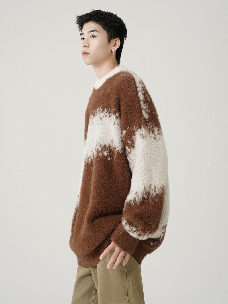 Suéter masculino de lã vison tie-dye com blocos de cores - Pulôver aconchegante e estiloso para o inverno, casual e moderno._voghion.com