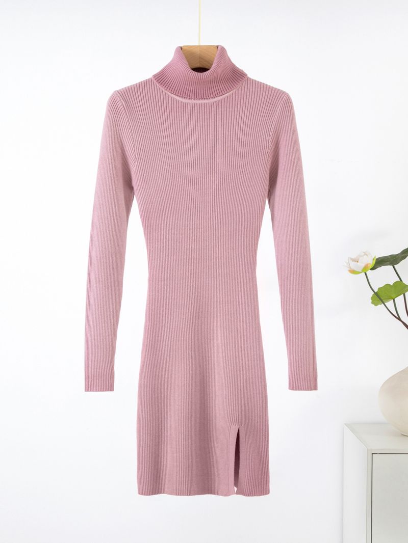 Abito midi in maglia a coste da donna – Abito attillato aderente con collo alto e maniche lunghe (nero/rosa/crema/arancione/rosso)_voghion.com